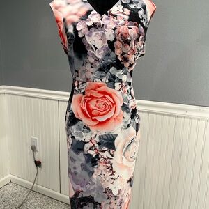 Calvin Klein Black and Pink Floral Midi Dress